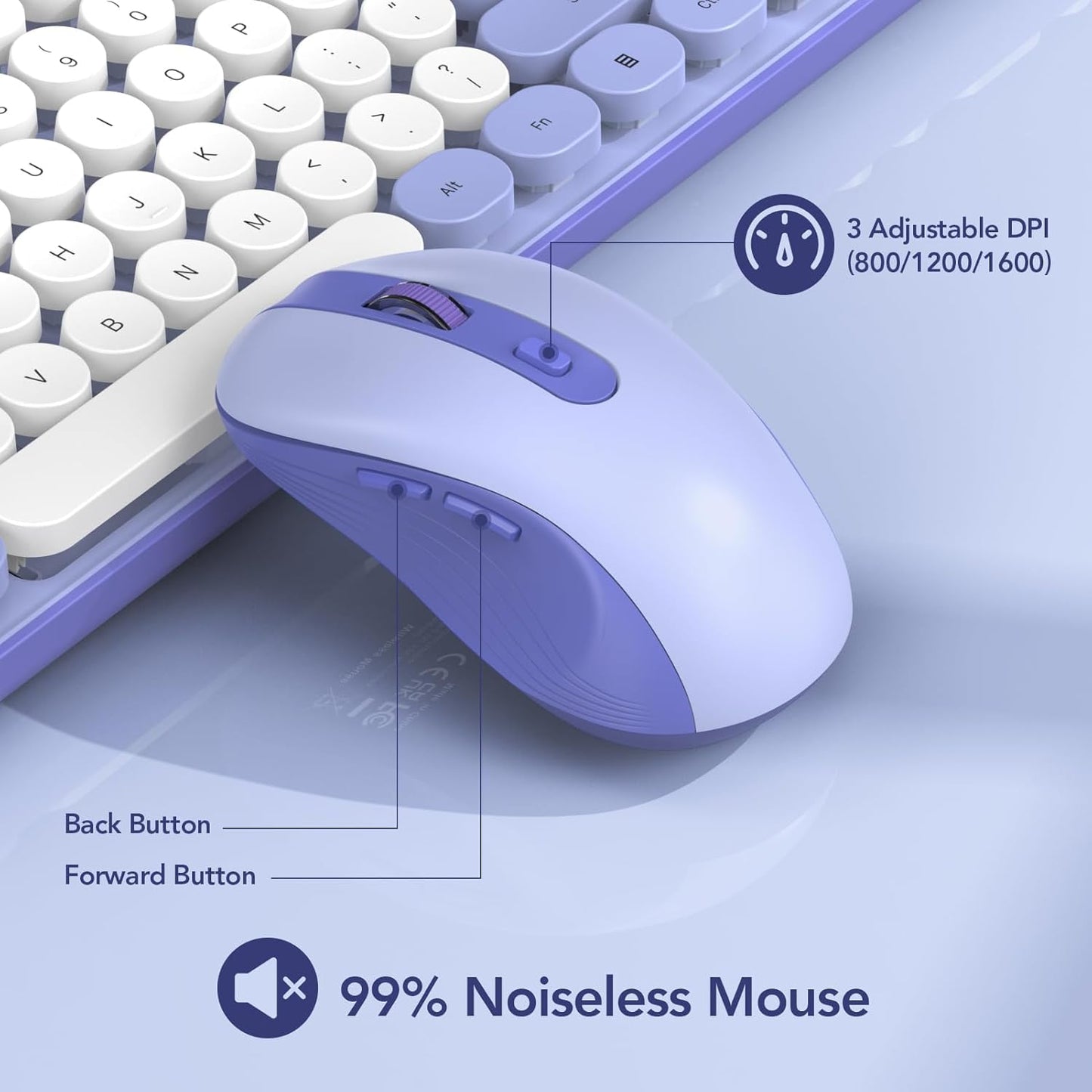 Wireless Keyboard and Mouse Combo, Retro Round Keycap Typewriter Keyboard with Phone/Tablet Holder, Cute Colorful Keyboard for Computer/Laptop/Windows by SABLUTE (Purple)