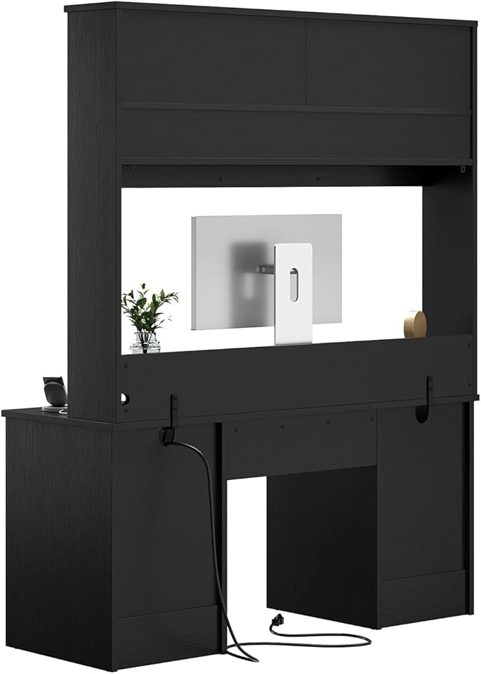 Bestier 77.8" H Executive Desk with Hutch, Modern Wood Computer Desk with Drawers, Charging Station, LED Light, Fluted Storage Cabinet, Keyboard Tray, 59" W Office Desk for Home Office, Black