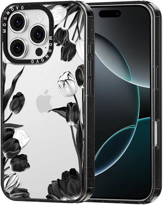 MOSNOVO Case for iPhone 16 Pro, [10ft 4X Military-Grade Drop Protection] Durable & Shockproof Phone Case Cover Design for iPhone 16 Pro - Black White Tulips - Clear Black