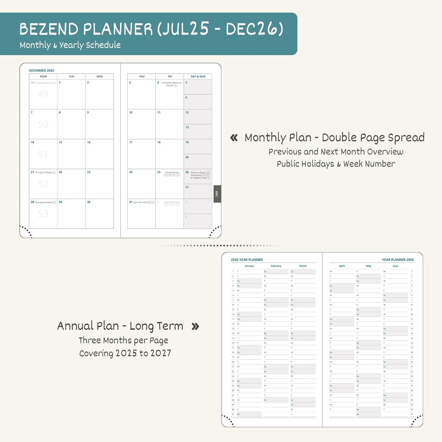 BEZEND Pocket Planner 2025-2026 Weekly and Monthly, 3.5" x 6" Academic Planner (Jul 25-Dec 26) 18-Month Mid-Year Calendar Book, Storage Pocket, Pen Holder, PU Leather Hardcover - Black