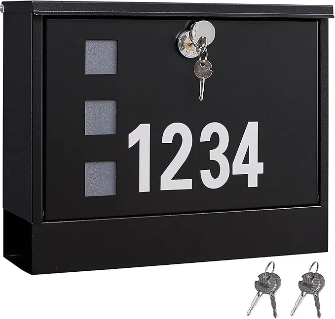 LAND·VOI Locking Mailbox Wall Mounted, Metal Postbox with Three Sets of Mail Box Number Stickers, 4 Keys, 14.4" x 4.5" x 11.2", Large Capacity, Black, AMB11B