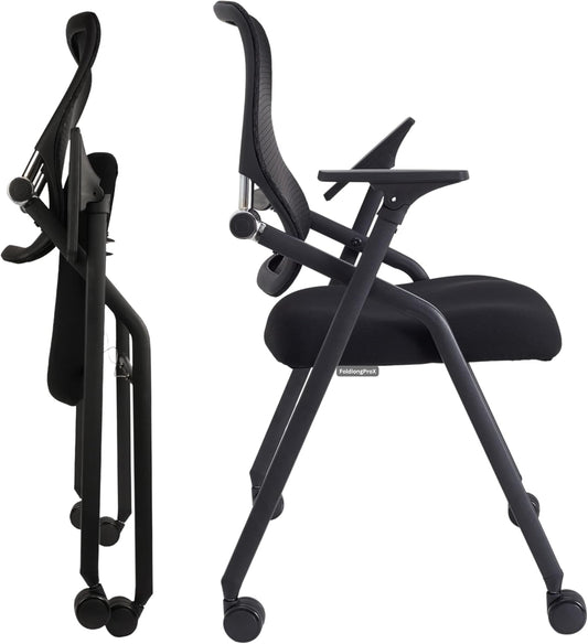 Updated Conference Room Chairs, Folding Office Desk Chair with Lumbar Support and Sliding Armrest with Casters, Stackable Office Guest Chairs & Reception Chairs, 1 Pack Black