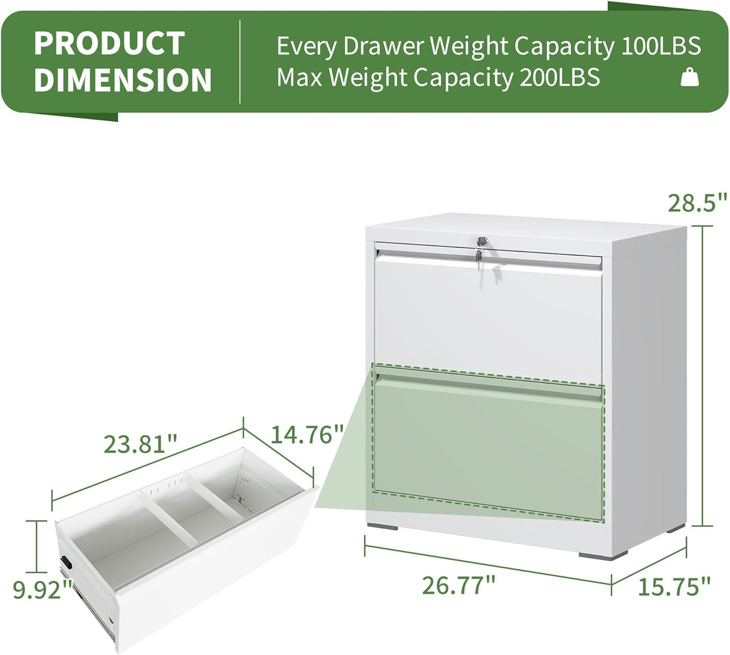 2 Drawer Lateral File Cabinet, Metal Lateral Filing Cabinet for Home Office, Filing Cabinets for Letter/Legal/A4/F4 Hanging Files (White)