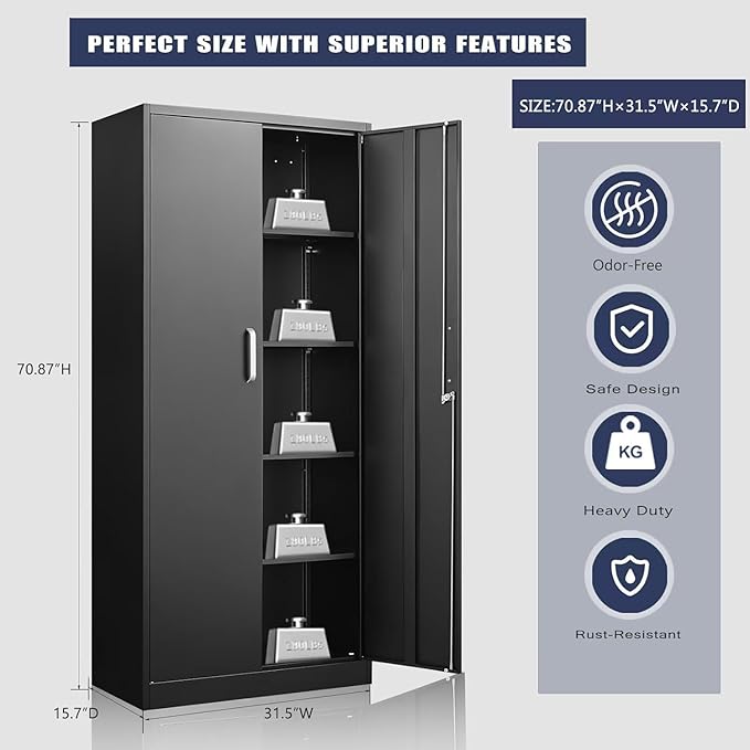 Metal Storage Cabinet with Adjustable Shelves, Garage Storage Cabinets with Doors and Shelves, File Cabinets for Home Office, Kitchen Pantry Cabinet, 71'H, Black