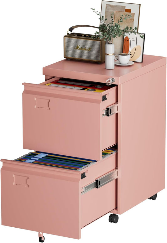 Aobabo 2 Drawer File Cabinet, Lockable Metal Filing Cabinet with Wheels for Home Office, Legal/Letter Size, Required Assembled,Pink
