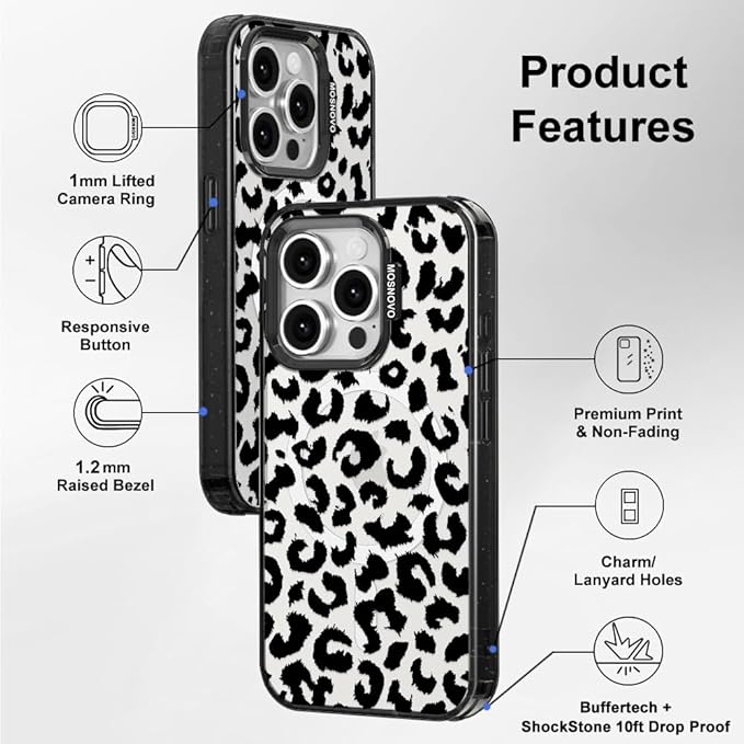 MOSNOVO Magnetic Case for iPhone 15 Pro, 10ft Military-Grade Protection, Compatible with Magsafe, Shockproof Phone Case for iPhone 15 Pro - Black Leopard Print - Clear Black