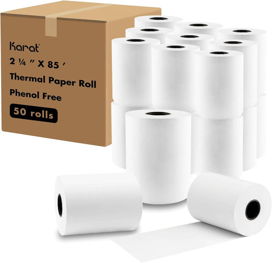 Karat 2 1/4" x 85' - 50 Rolls Thermal Paper Rolls - Phenol Free, BPA Free - Ideal for POS Receipt Printers, Cash Registers, Credit Card Machines, Mobile Printers - GS-TR225085-PF