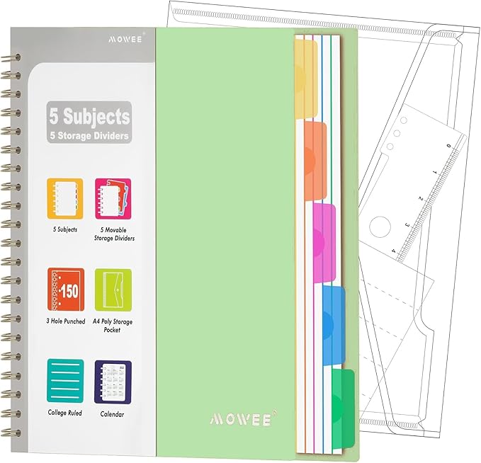 Spiral Notebook - 5 Subject Notebook, College Ruled Notebook With Dividers Pocket, Tabs Label, Ruler, 300 Pages, for Writing Journal, Home & Office, School Supplies, 8.5''x11'' Lime