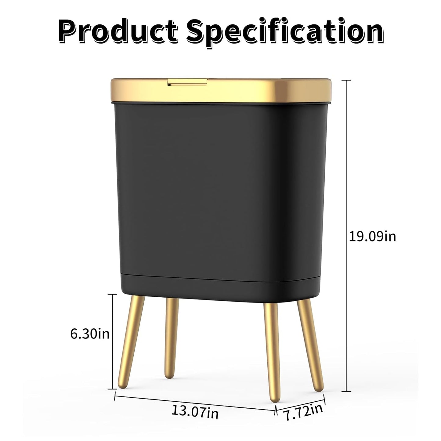 Procade 2Pack Office Trash Can with Lid, 4 Gallon Gold Trash Can Bathroom, Black Garbage Can with Push Button, Narrow Garbage Bin Waste Basket for Bedroom, Kitchen, Toilet