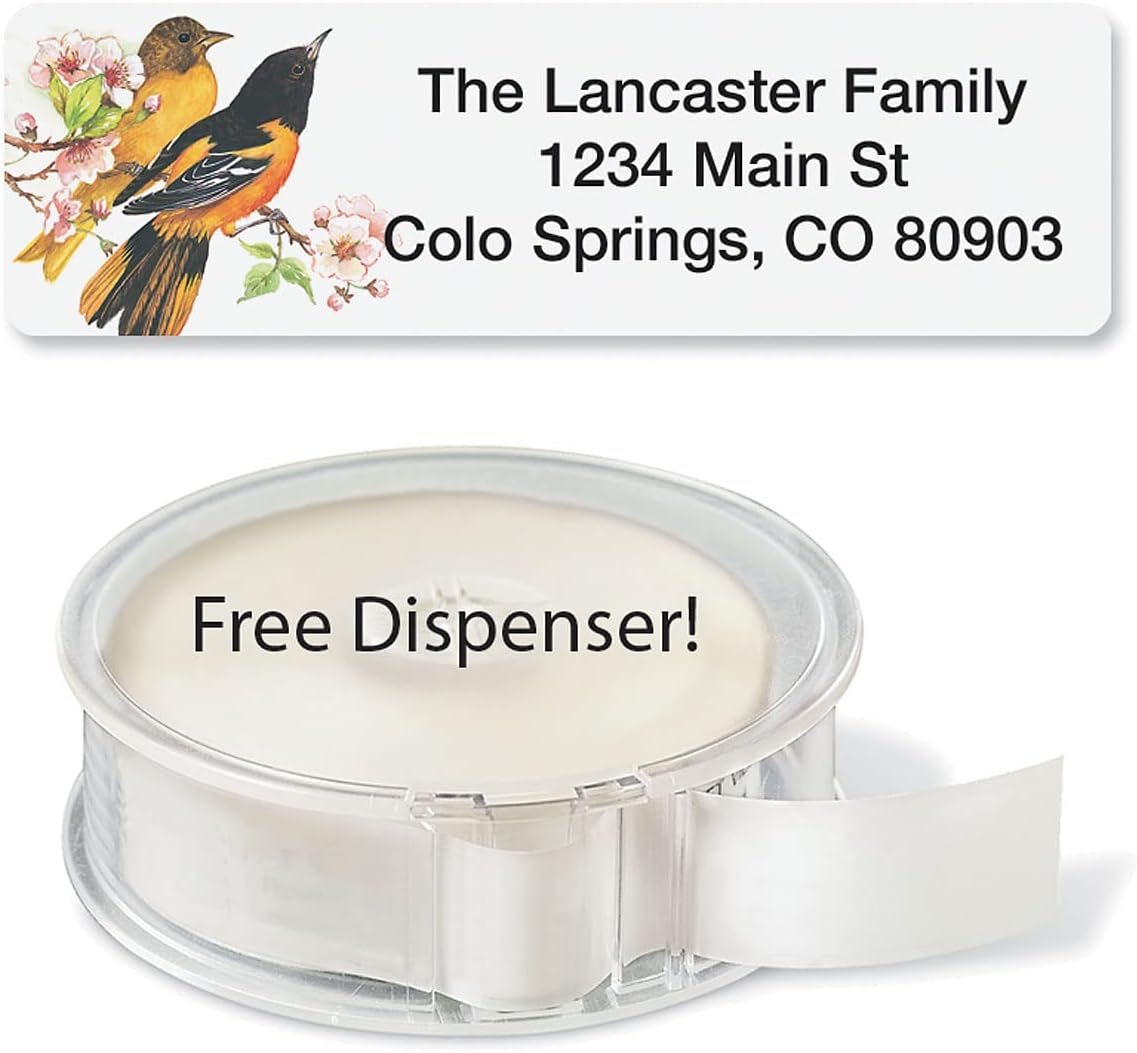 Meadow Birds Rolled Personalized Return Address Mailing Labels with Dispenser, Set of 500, 5 Designs, Small ¾ x 2½ Inch Size, Custom Self-Adhesive Sticker Roll, by Colorful Images