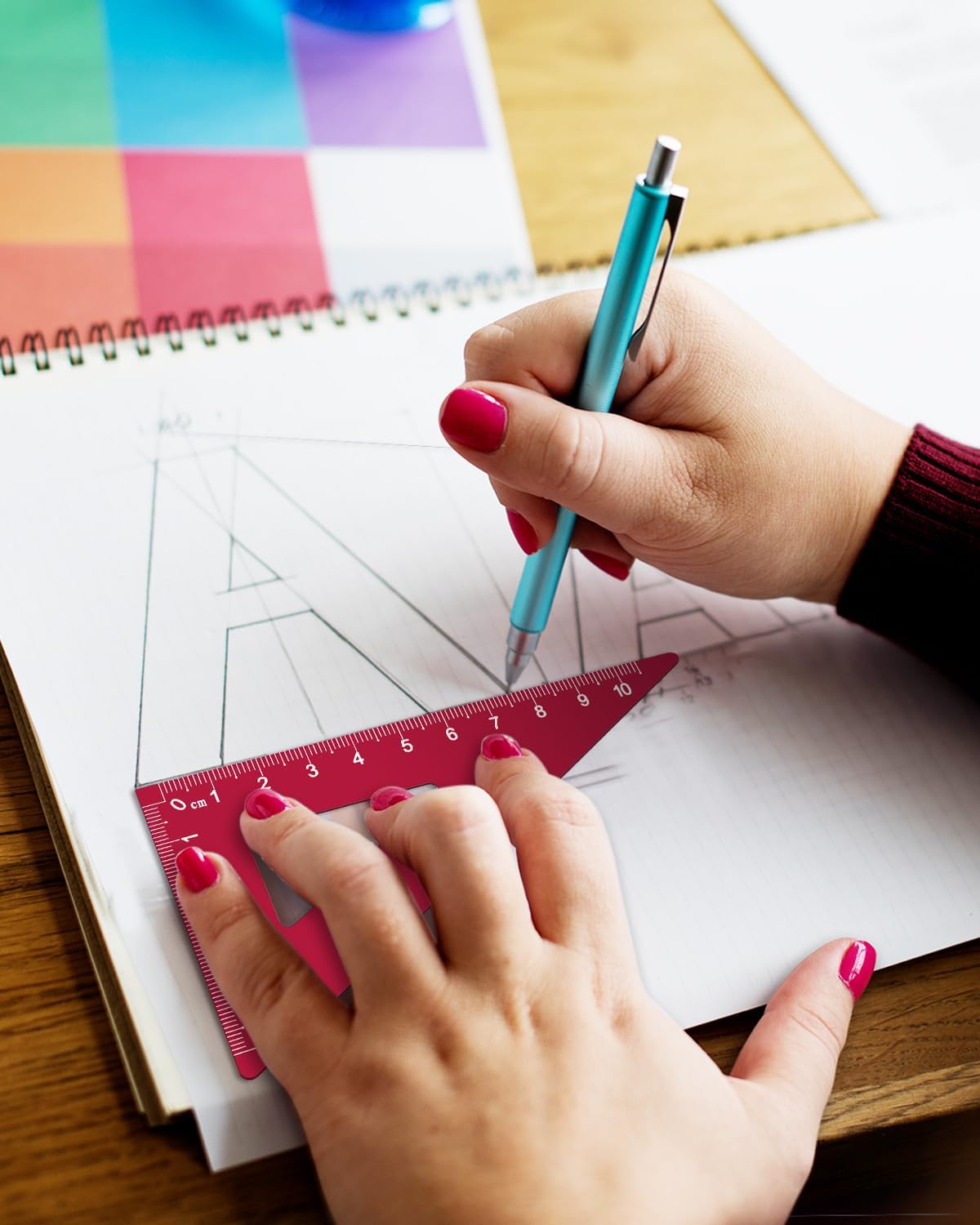 Honagu Triangular Ruler Set, 4+1Pieces Aluminum Alloy Ruler, Metal Drafting Ruler, Geometric Protractor for Students, School Office Supplies (Red, 20cm)