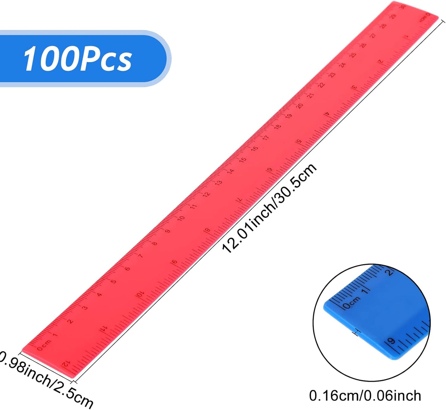 Zonon 100 Pcs 12 Inch Plastic Ruler Assorted Colors Rulers with Centimeters Millimeter and Inches Shatterproof Straightedge Bulk for Classroom School Home Office Kids(Plastic,Yellow, Green, Blue, Red)