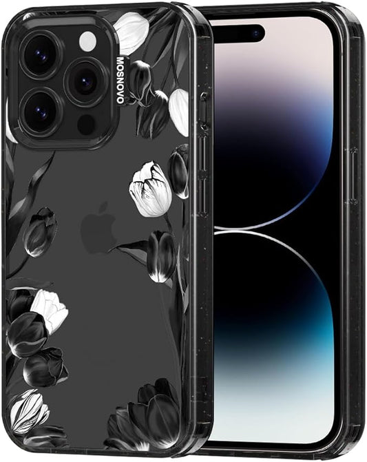 MOSNOVO Case for iPhone 14 Pro, [10ft 4X Military-Grade Drop Protection] Durable & Shockproof Phone Case Cover Design for iPhone 14 Pro - Black White Tulips - Clear Black