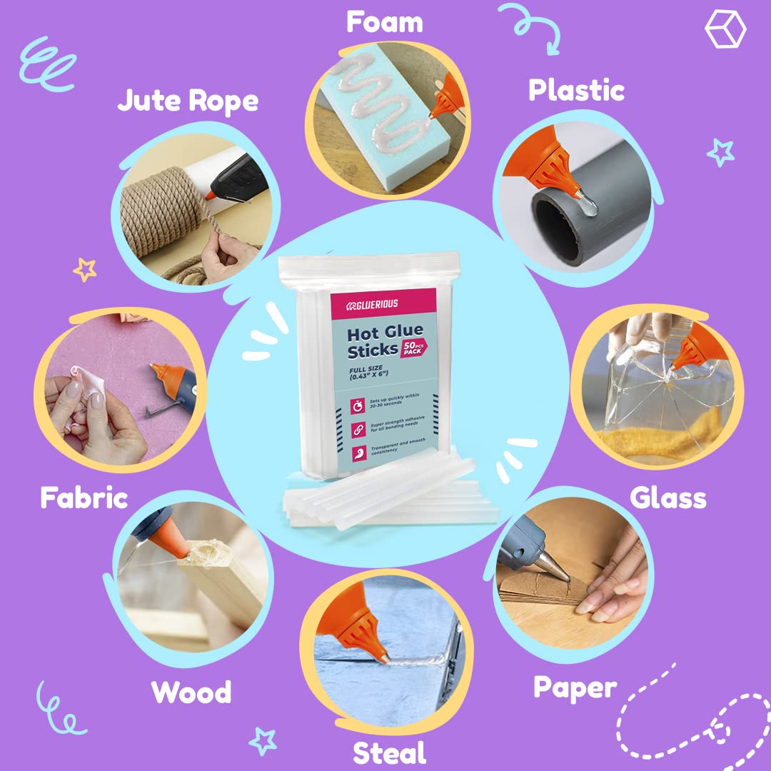 50pcs Full Size Hot Glue Sticks for Large Glue Gun, 0.43x6 inches Large Glue Sticks, Bulk-Pack for Arts Crafts DIY Fabric Gluing & More