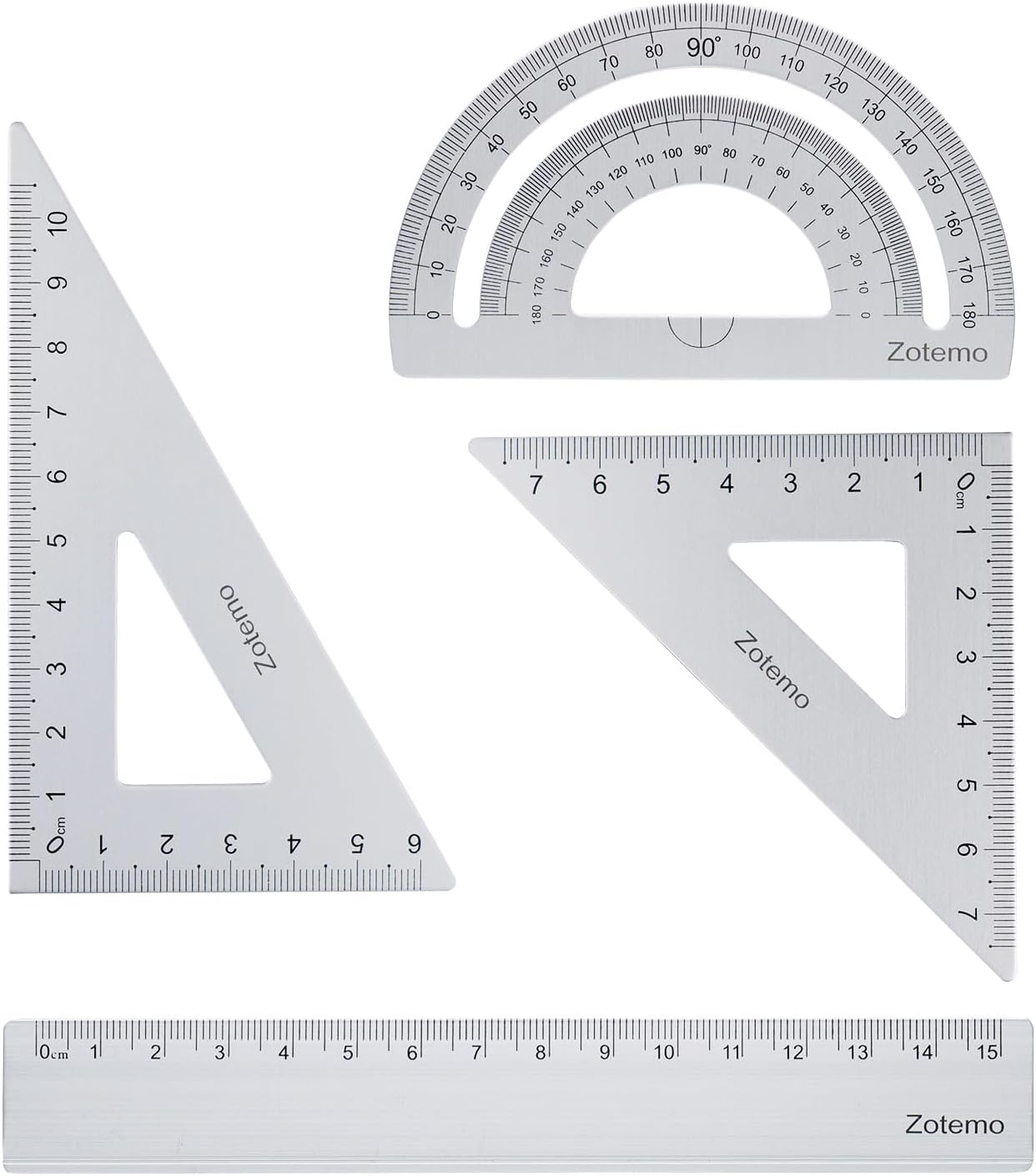 Geometry Ruler Set for Students, Metric Measurement 4-Piece Metal Math Drafting Kit with Non-Slip Design 15 cm Straightedge Ruler, 180° Protractor & 2 Triangles for School Kids (Silver)