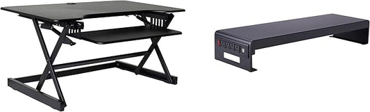Rocelco 40" Large Height Adjustable Standing Desk Converter with Dual Monitor Stand BUNDLE - Quick Sit Stand Up Computer Workstation Riser - Retractable Keyboard Tray - Black (R DADRB-40-DMS)