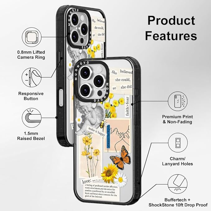 MOSNOVO Case for iPhone 16 Pro, [10ft 4X Military-Grade Drop Protection] Durable & Shockproof Phone Case Cover Design for iPhone 16 Pro - Vintage Collage Art - Clear Black