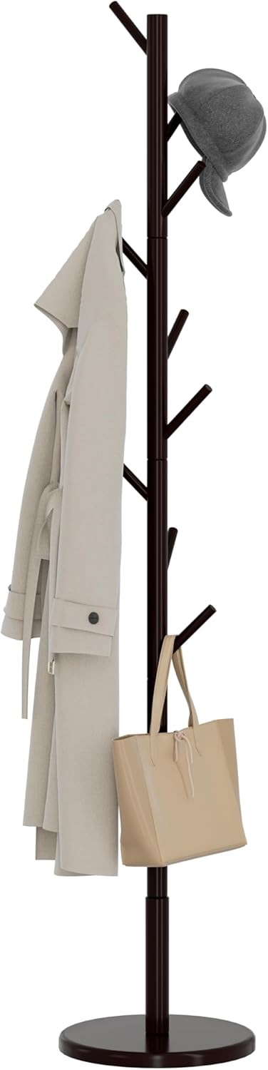 Wooden Freestanding Coat Tree with 4 Height Options and 9 Hooks, Sturdy Coat Rack Stand for Clothes/Bags/Hats, Save Space Coat Rack for Entryway, Bedroom, Office, Narrow Place (Coffee)