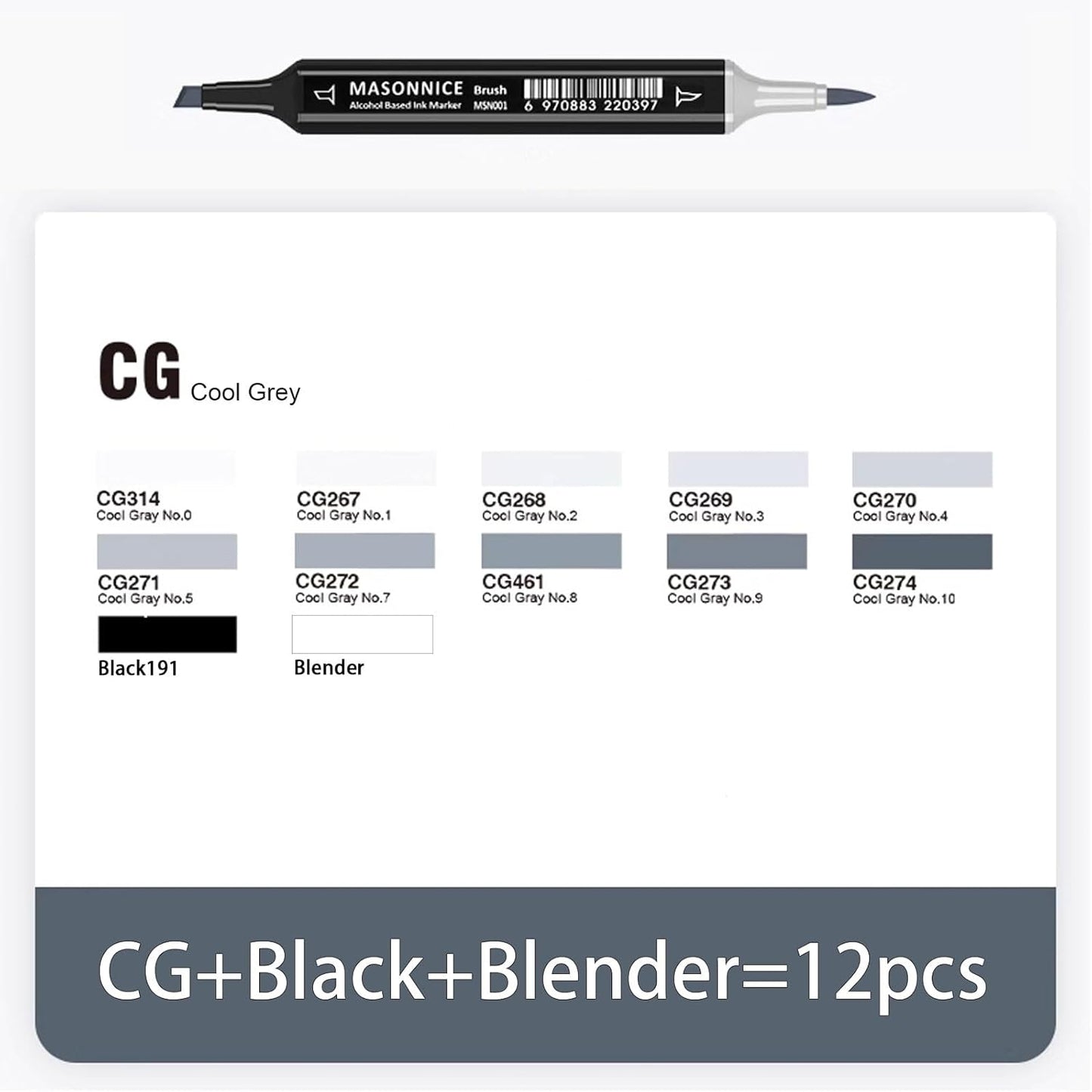 Gray Grey Alcohol Markers Brush Tip, 12pc Cool Grey Colorless Blender Markers Set for Adults Artist Coloring Book Shading Drawing Sketching Brush Chisel Tips Gifts