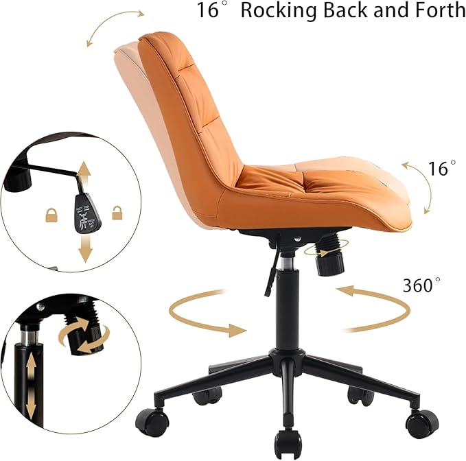 Kidol & Shellder Faux Leather Office Chair, Adjustable Swivel Height Task Chair, Rolling Wheels & Soft Backrest - Armless Ergonomic Desk Chair for Home, Office,Vanity,Gaming（Orange）