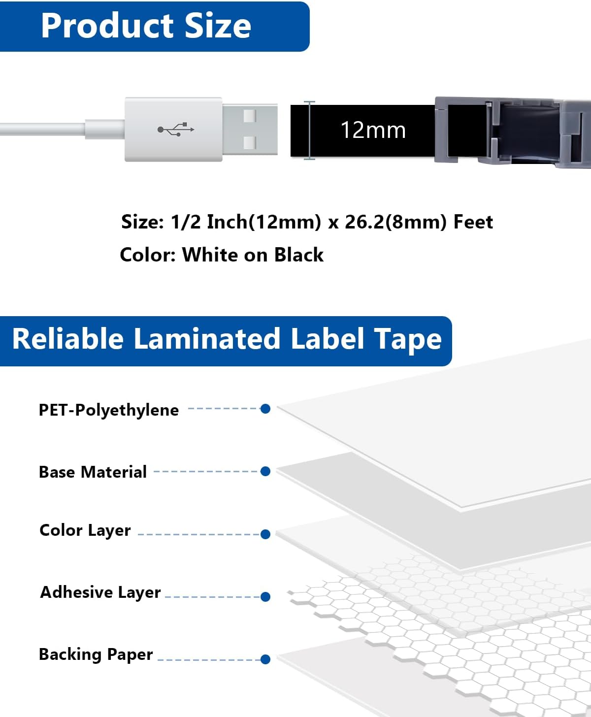 3-Pack Tze 12mm 0.47 Inch Laminated White on Black Compatible with P Touch Label Tape TZ TZe-335 TZe335 Refills for Ptouch PT-H110 D200 D210 D220 D400 PT-D600 Label Maker