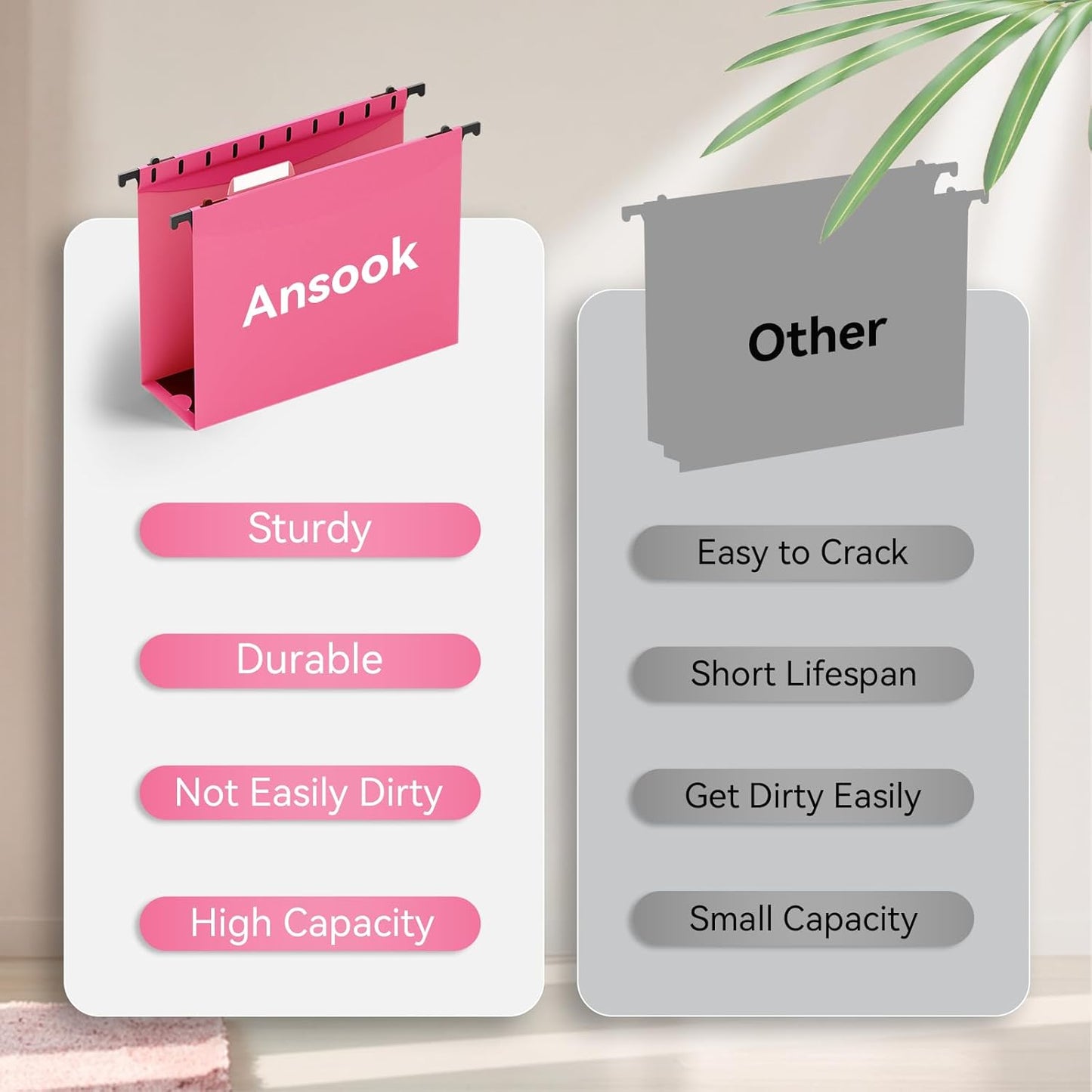 ANSOOK Plastic Hanging File Folders Letter Size, 3 Inch Reinforce Expanding File Folder,12 Pack File Cabinet Folders with Insertable 15 Tabs,Heavy Duty,Accordion File Organizer for Office Home School