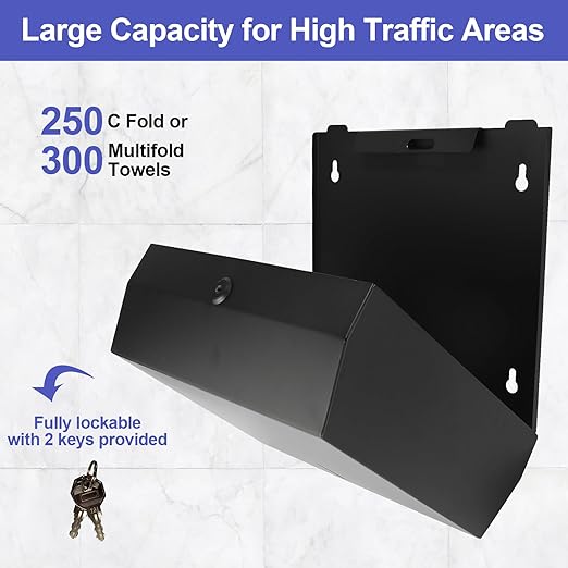 Paper Towel Dispenser Wall Mount, Matte Black Stainless Steel Commercial Paper Towel Holder with Lock, Large Capacity 250 C Fold/300 Multifold Towels