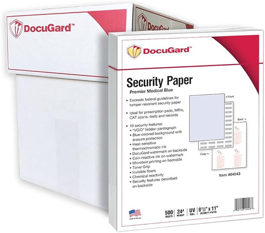 DocuGard Premier Medical Security Paper for Printing Prescriptions and Preventing Fraud, CMS Approved, 10 Security Features, Laser and Inkjet Safe, Blue, 8.5 x 11, 24 lb., 2500 Sheets (04543C)