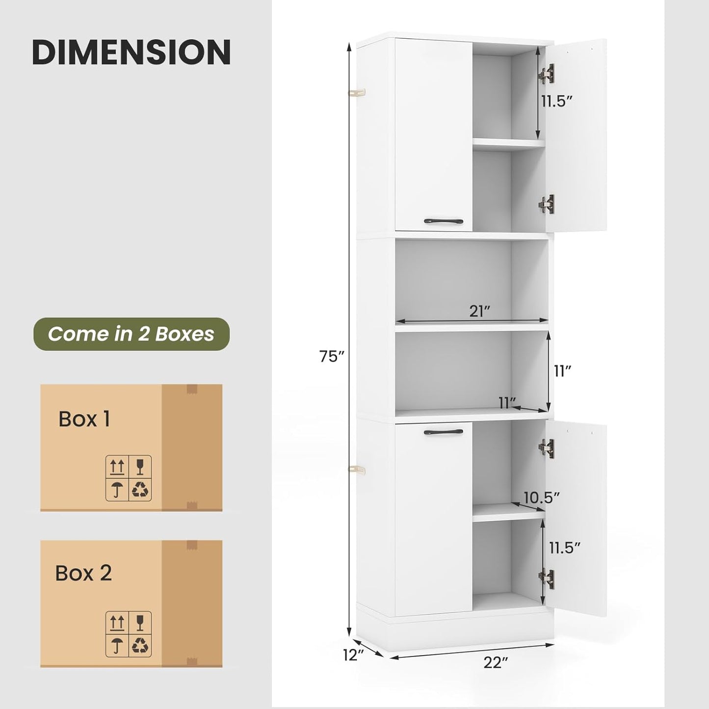 NAFORT Storage Cabinet, 75" Freestanding Tall Cupboard with Shelves, Anti-toppling Devices & Non-Slip Foot Pads, Modern Slim Cabinet for Indoor Space