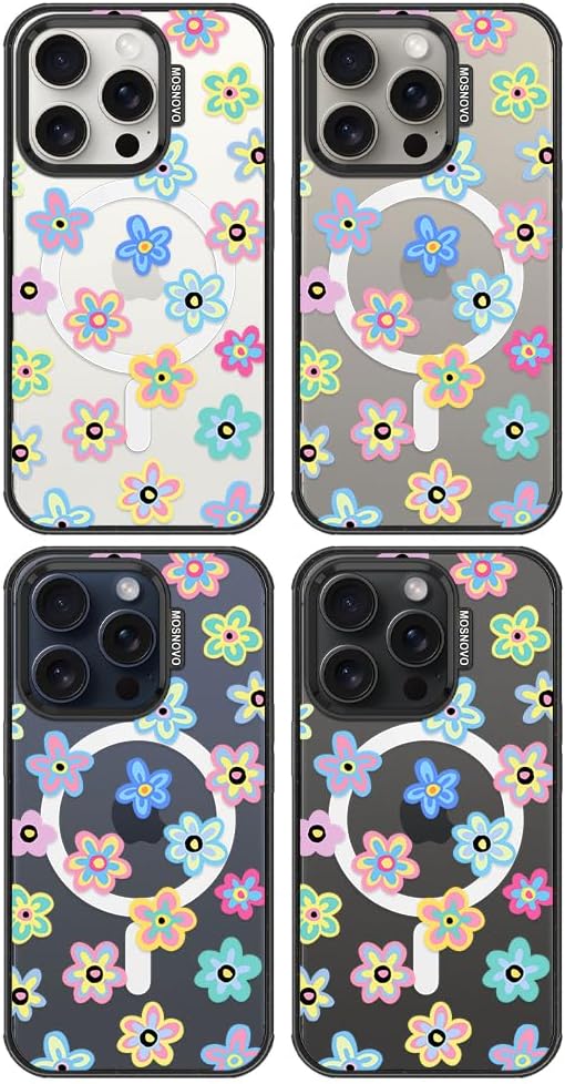 MOSNOVO Magnetic Case for iPhone 15 Pro, 10ft Military-Grade Protection, Compatible with Magsafe, Shockproof Phone Case for iPhone 15 Pro - Groovy Flower - Clear Black