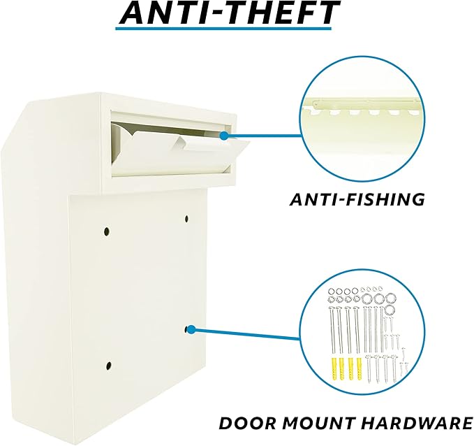 Pochar Door Drop Box for Mail, Rent, Deposit, and Night Key - Door Mount Locking Mailbox with Rear Access Through The Door (10.5'' x 2.25'' Mail Slot) (12'' x 4.25'' x 15'' (Rainproof), (Beige)