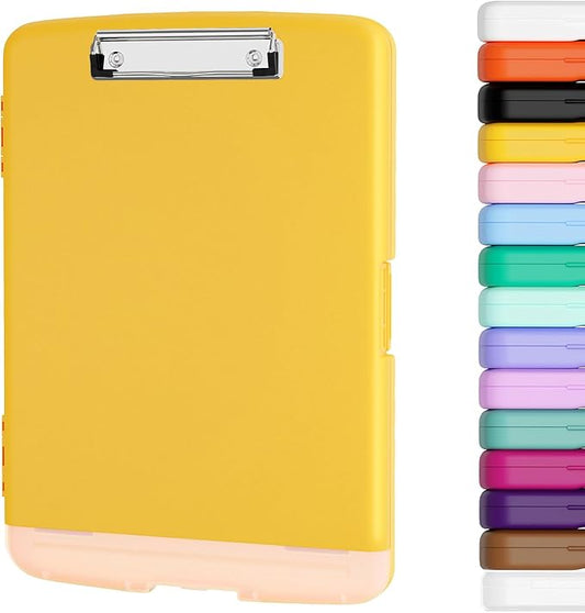 Piasoenc Clipboard with Storage, 8.5 x 11 Organization Box with Pen Holder and A4 Legal Paper Folder, Heavy Duty Plastic, Folio & Side-Opening, Low Profile Clip, for Nurses, Teachers, Yellow
