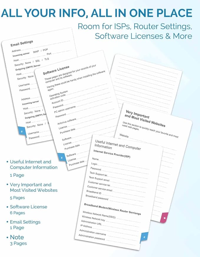 Password Keeper Book with Colorful Alphabetical Tabs, Hardcover Log Book for Internet Password and Website Address, Personal Organizer with Notes Section and Back Pocket and Two Bookmarks (Turquoise)