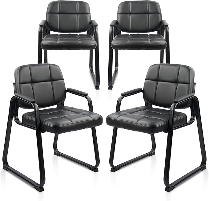 CLATINA Waiting Room Guest Chair with Bonded Leather Padded Arm Rest for Office Reception and Conference Desk Black with Sled Base 4 Pack