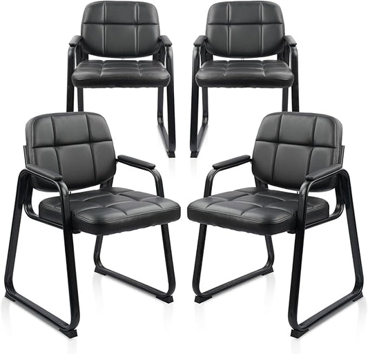 CLATINA Waiting Room Guest Chair with Bonded Leather Padded Arm Rest for Office Reception and Conference Desk Black with Sled Base 4 Pack