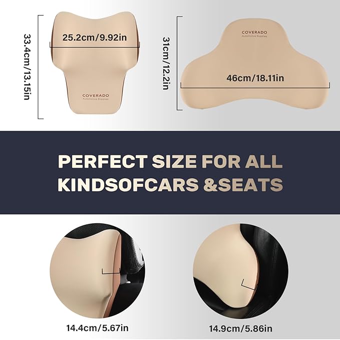 Coverado Lumbar Support and Car Neck Pillow, Ergonomic Memory Foam Desk Chair Cushion and Headrest Pillow for Car Office Chair, Sciatica & Neck & Tailbone Pain Relief Cushion-Beige
