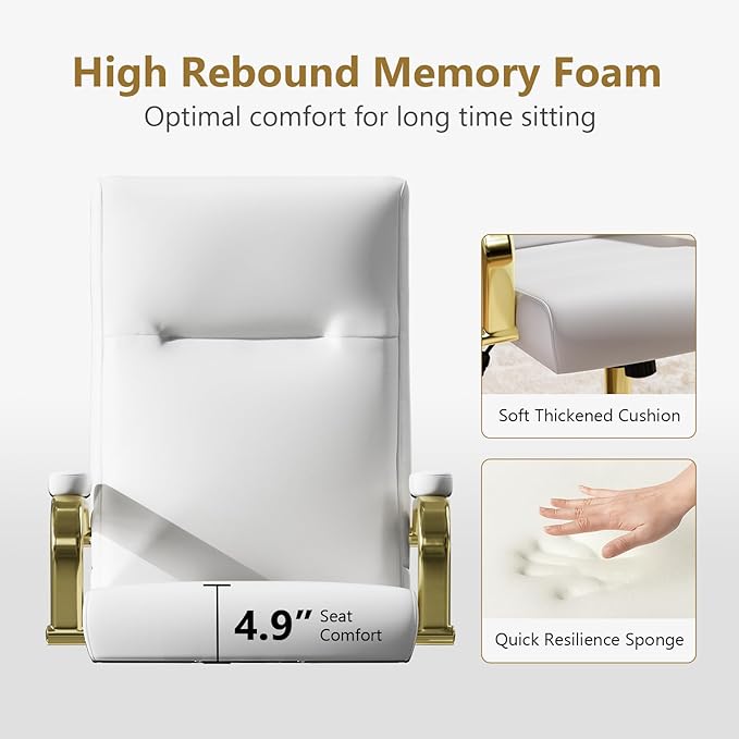 White and Gold Office Chair Memory Foam, White Leather Computer Desk Chairs with Wheels and Arms, High Back Executive Office Chair for Girl and Women