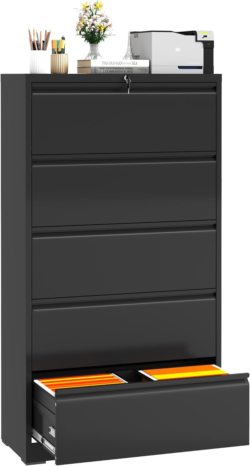 Lateral File Cabinet 5 Drawer, Metal File Cabinets for Home Office Legal/Letter A4 Size, Filing Cabinet with 5 Lock, Require Assembly, Black
