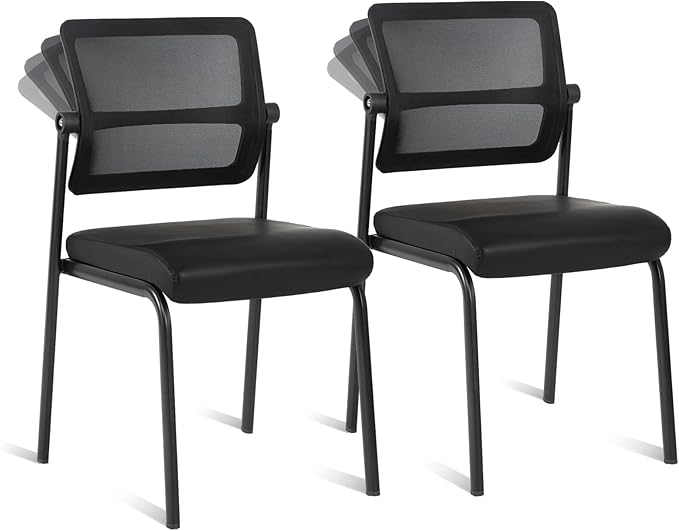 CLATINA Stackable Waiting Room Chair with Adjustable Mesh Backrest, Armless Office Guest Reception Chairs with Leather Cushion and Ergonomic Lumbar Support for Conference Lobby Side School, Black, 2PK