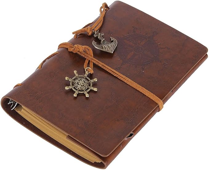 EvZ Leather Writing Journal Notebook, 7 Inches Vintage Nautical Spiral Blank String Diary Notepad Sketchbook Travel to Write in, Unlined Paper, Retro Pendants, Classic Embossed, Retro Brown