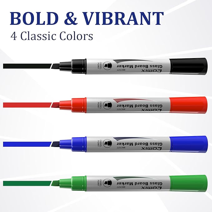 Comix Glass Board Dry Erase Markers, Low Odor Whiteboard Markers, Chisel Tip, 4 Assorted Classic Colors, 36 Pack
