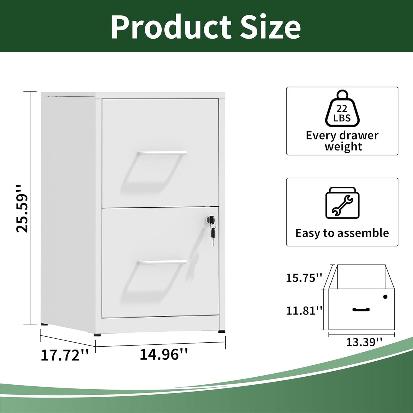 2 Drawer File Cabinet with Lock, Vertical File Cabinet with Lock, Locking File Cabinet Hanging Files for A4/ Legal/Letter,White