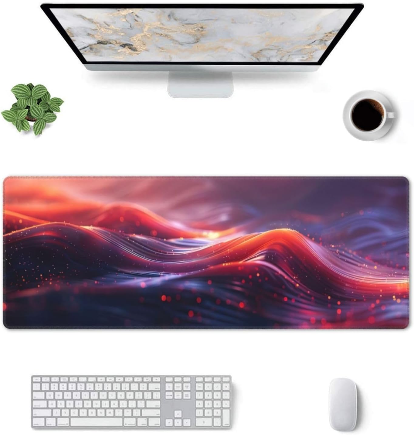 Gaming Mouse Pad, Large Non-Slip Rubber Base Mousepad, Keyboard Mouse Mat, Desk Pad with Stitched Edges, 31.5x11.8inch, Red Ripples