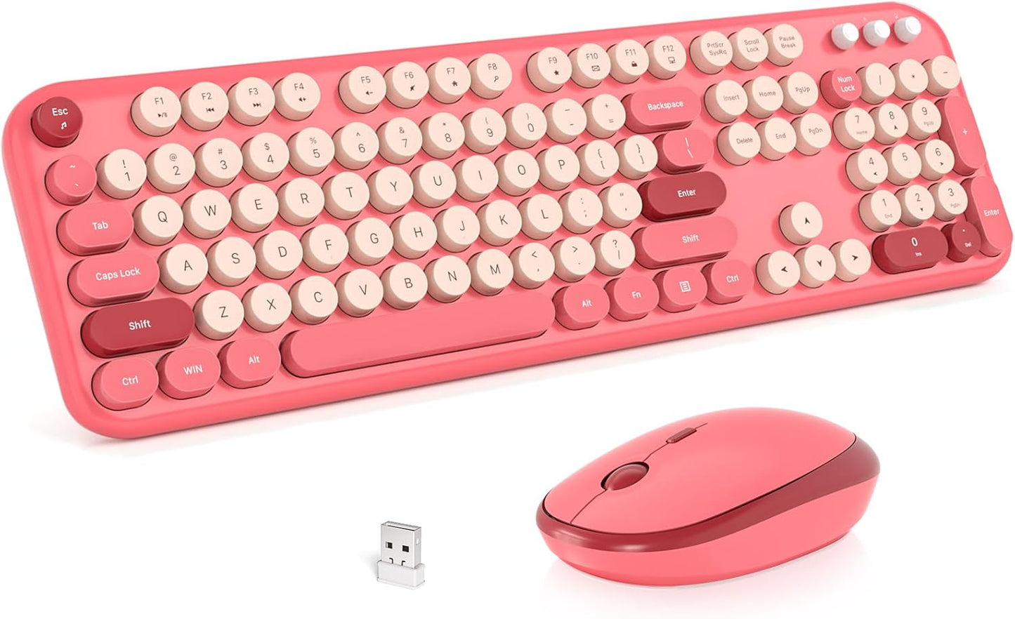 Wireless Keyboard and Mouse Combo, MOWUX Full Size Typewriter Retro Round Computer Keyboard, Cute Optical Mouse Wireless, Plug and Play, for Laptop, PC, Computer- Valentine's Rose