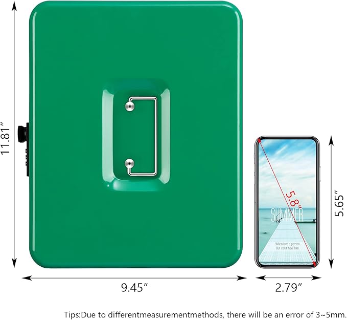 KYODOLED Metal Cash Box with Combination Lock Money Box for Cash Safe Metal Box with Money Tray for Security Lock Box 11.81"x 9.45"x 3.54" Green X Large
