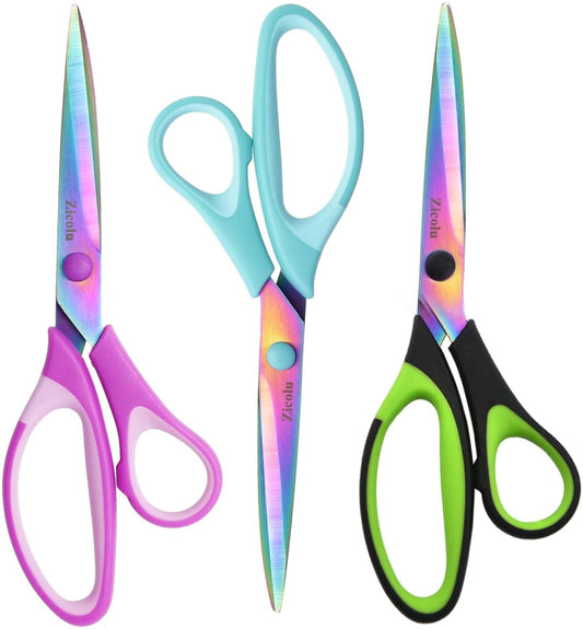 8.5" Scissors All Purpose, Multipurpose Office Scissors Set of 3 pack, Sharp Titanium Coating Blade and Soft Comfort-Grip Sturdy Scissors for Fabric School Craft Sewing Home, Right/Left Handed
