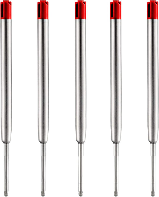 DunBong Red Ink Refill Pack of 5, Replaceable Ballpoint Pen Refills, Medium Point Metal Refill (Red)