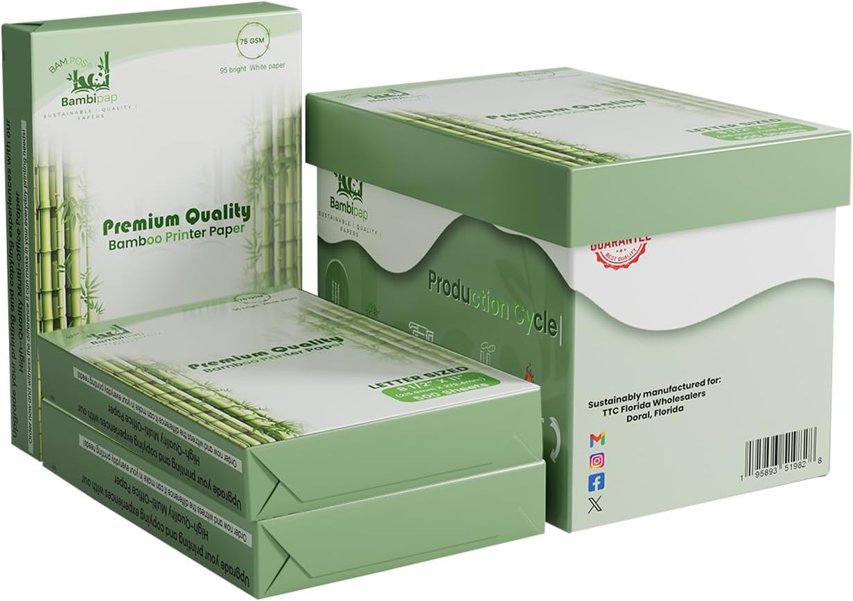 Bamboo Printer Paper - 8 1/2” x 11”- 20LB Multipurpose White Paper - Made from Bamboo Fiber, Renewable Resources, Zero Trees Used - 3 reams (1500 Sheets)