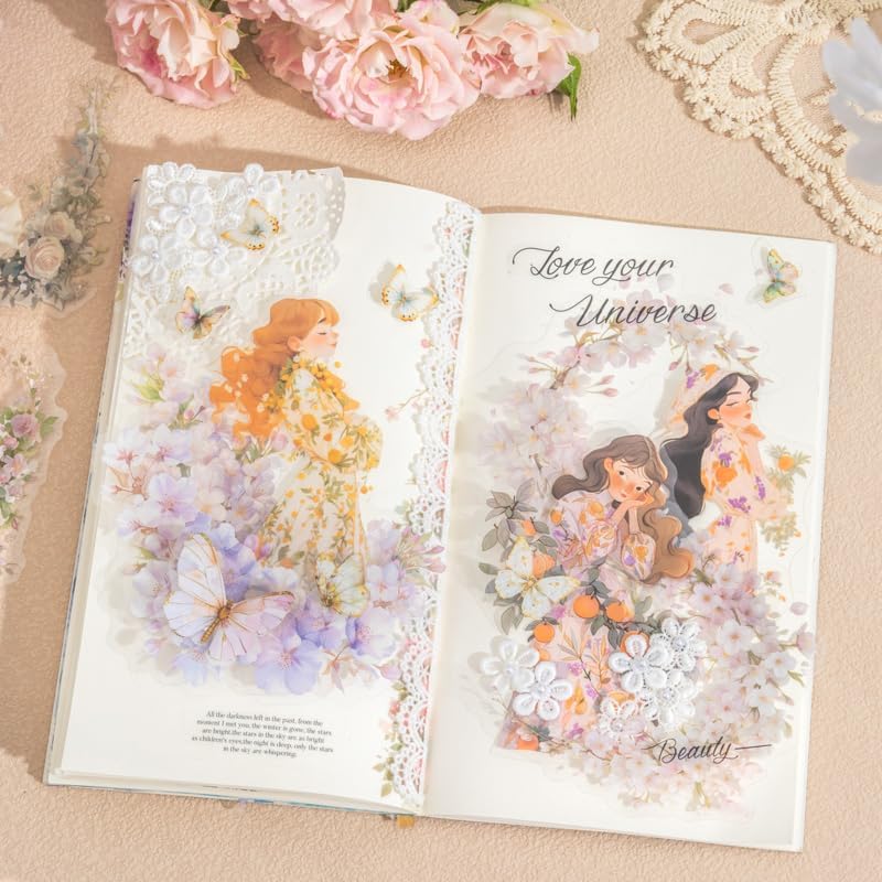 60 Pcs Vintage Flower PET Stickers Set, Large Floral Corner Stickers for Scrapbooking, Journaling, DIY Crafts, with Organizer