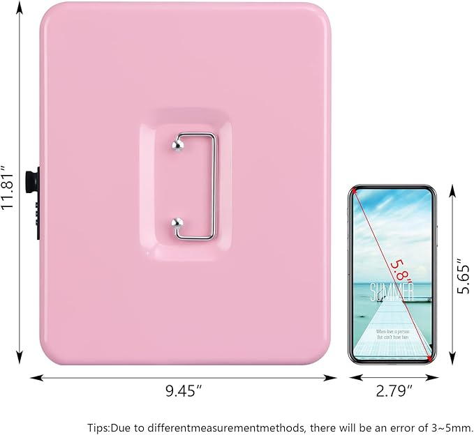 KYODOLED Metal Cash Box with Combination Lock Money Box for Cash Safe Metal Box with Money Tray for Security Lock Box 11.81"x 9.45"x 3.54" Pink X Large